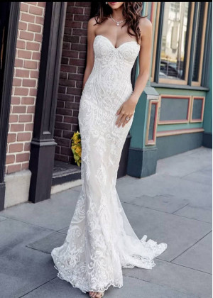 Strapless Sleeveless Ivory Lace Tulle Wedding Dress